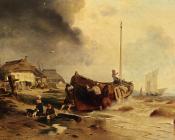 海滩上的渔船 - 安德烈亚斯·阿亨巴赫